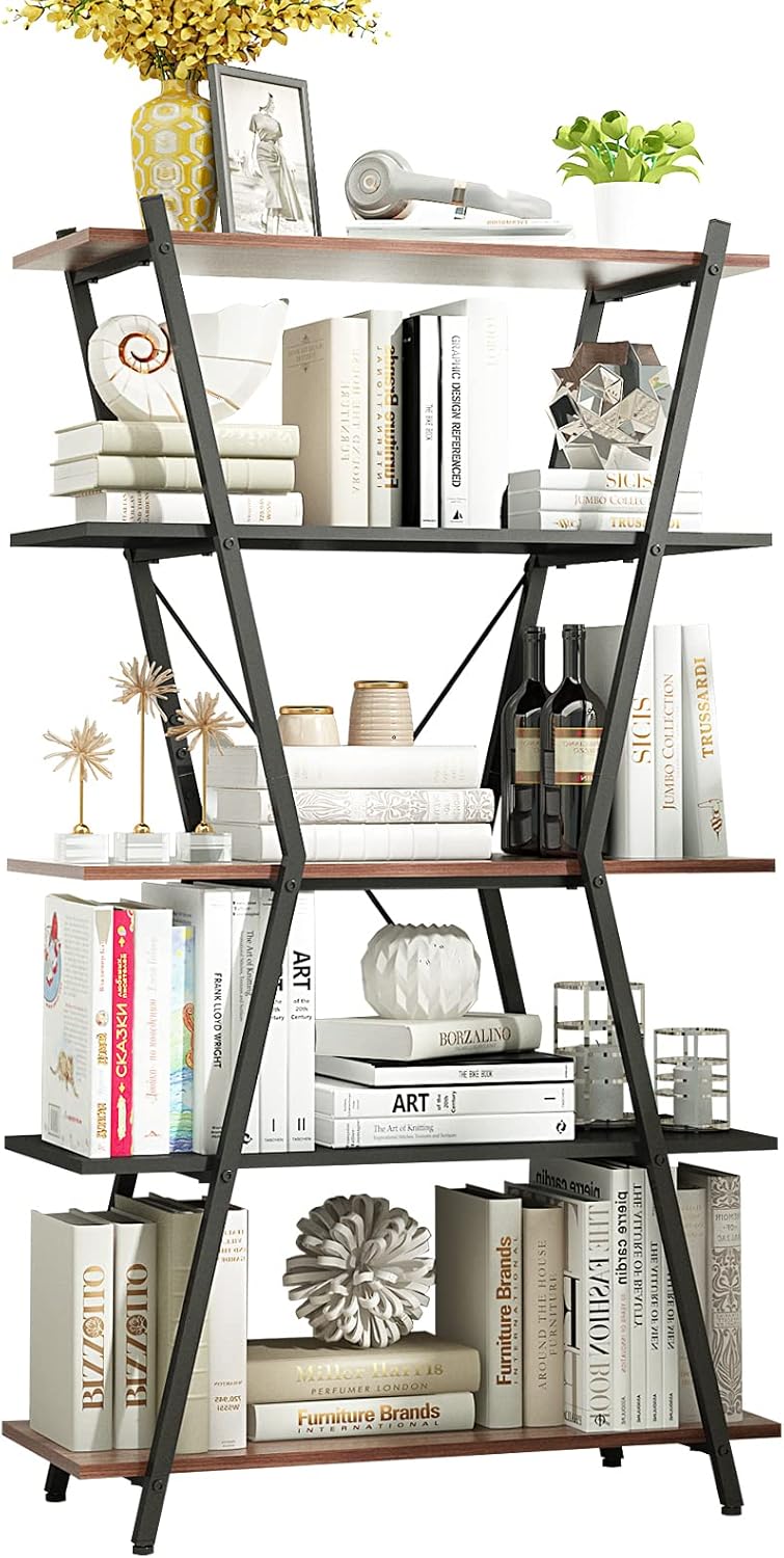 Walnut/Black 5 Tier Rustic Wood Etagere Bookcase with Metal Frame I770616