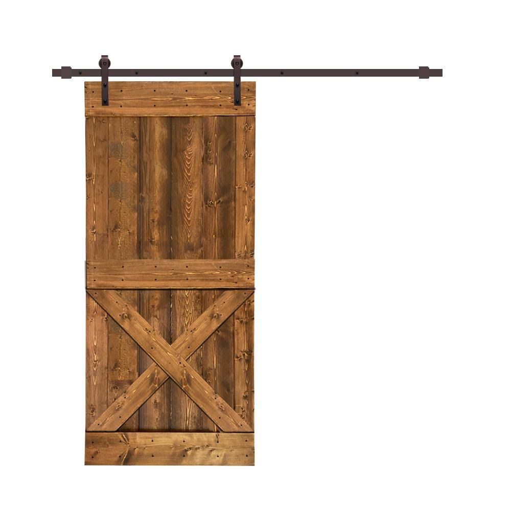 Distressed Mini x Walnut Stained Solid Knotty Pine Wood Interior Sliding Barn Door with Hardware Kit S176030
