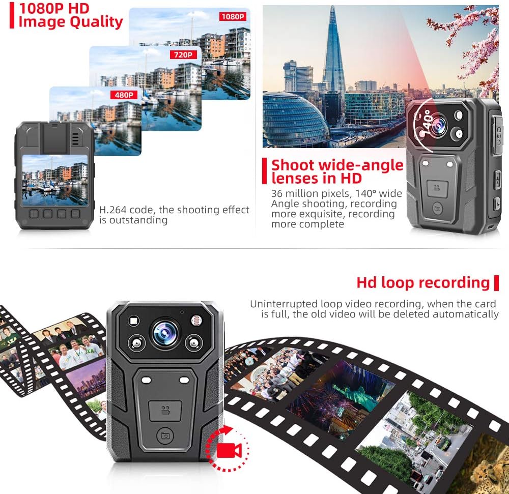 1296P HD Waterproof Body Camera with 2 Inch Display, IR Night Vision, 64GB Memory R8656