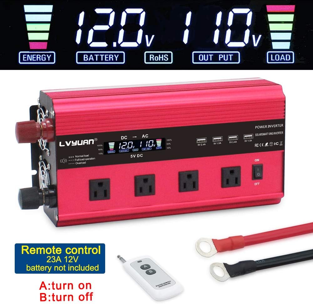 2500W Power Inverter 12V to 110V DC to AC with LCD Display, Remote Controller, 4 x AC Outlets, 4 x 3.1A USB G914