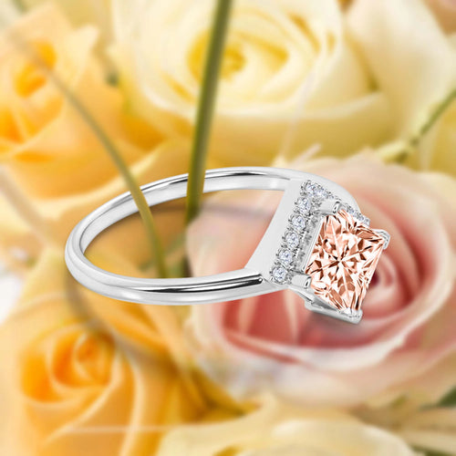 1.50 Carat Princess Cut Morganite And Diamond Moissanite Engagement Ring in 10k Solid White Gold Q809342