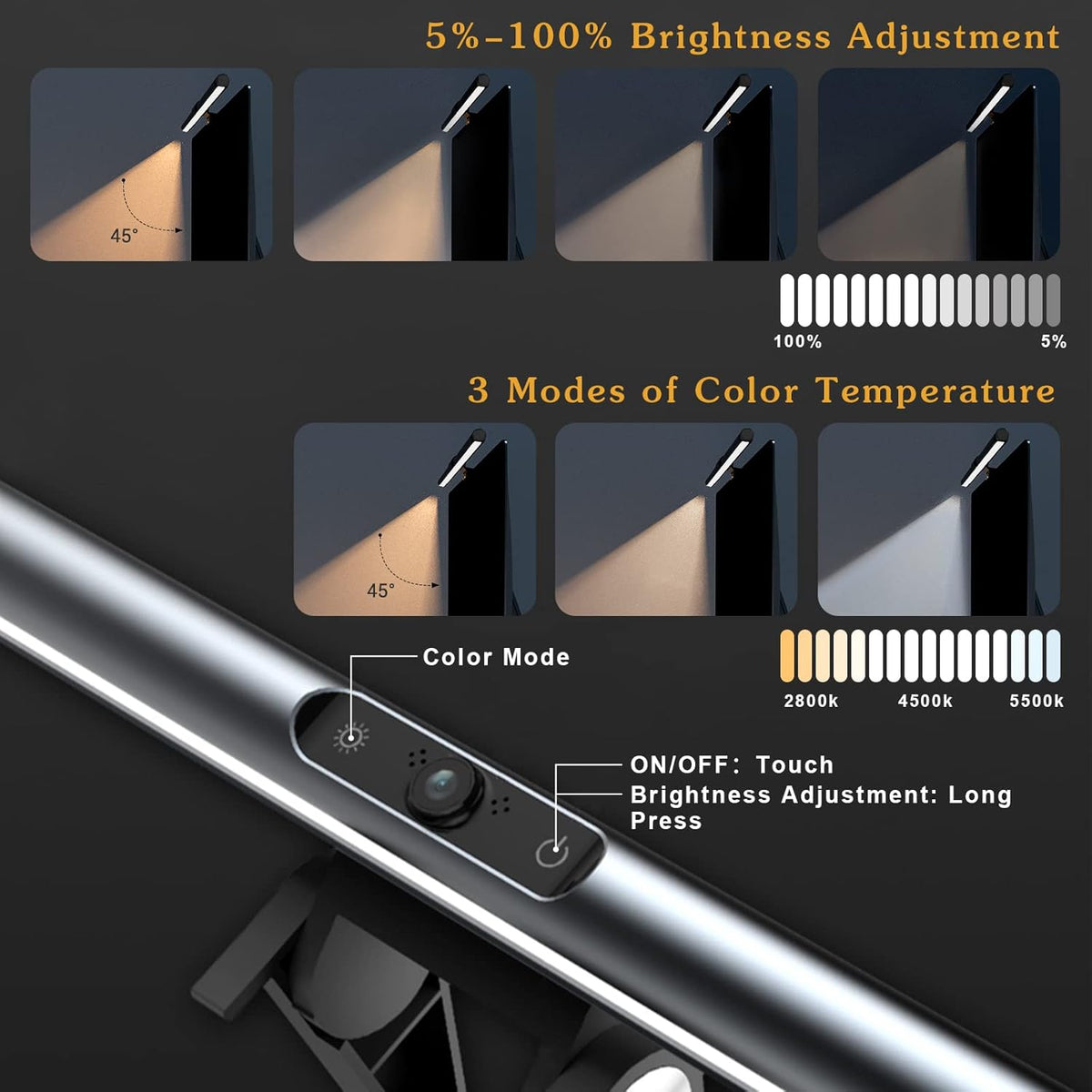 Monitor Light Bar with Webcam, USB Powered, Hue Adjustable, Touch Control I981