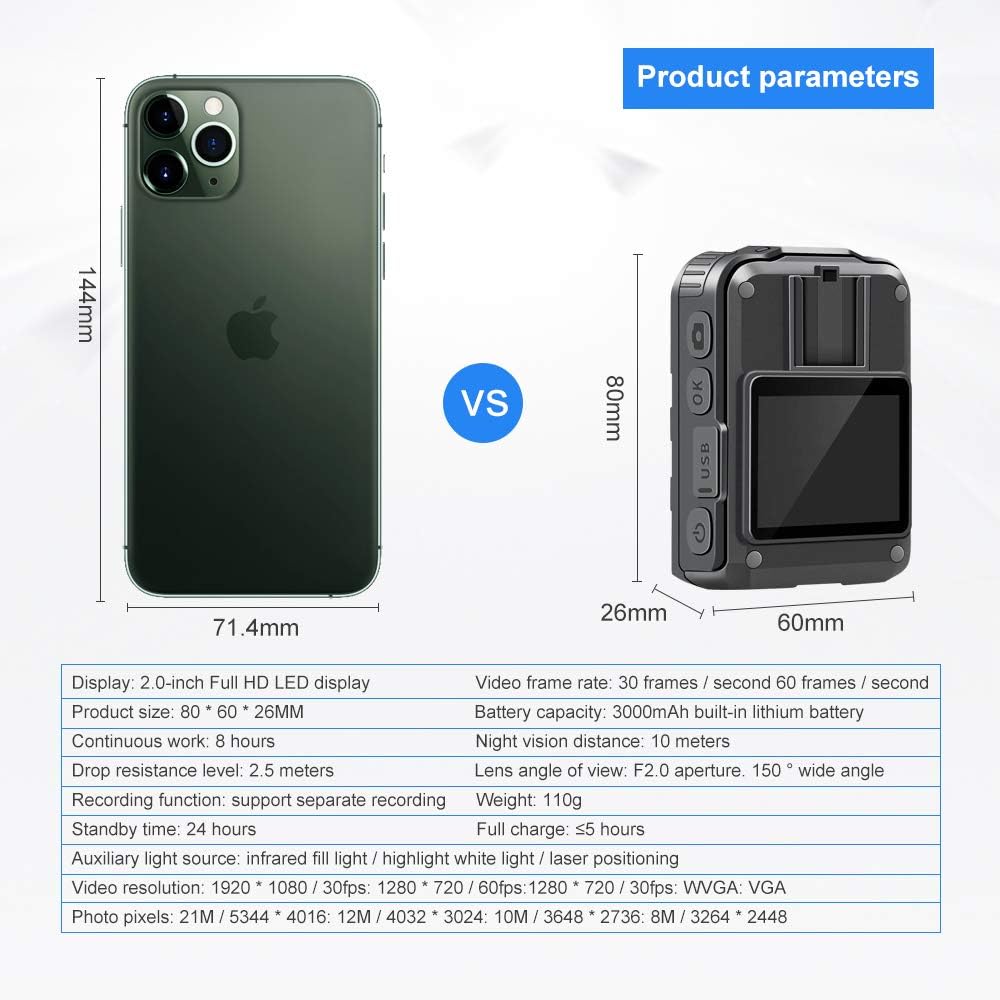 1296P HD Waterproof Body Camera with 2 Inch Display, IR Night Vision, 64GB Memory R8656