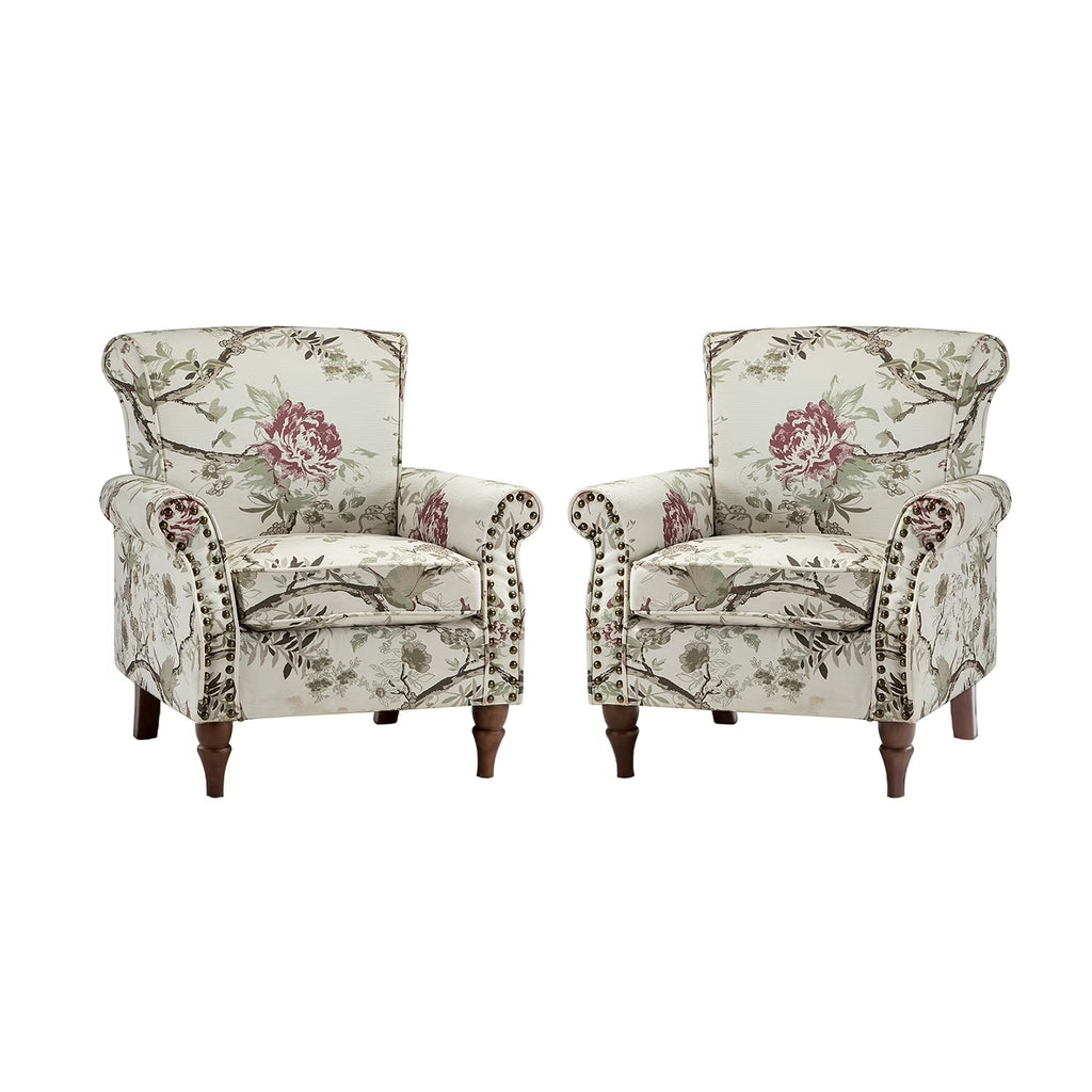 Wooden Upholstered Accent Chair Set of 2 with Removable Cushion Wingback Floral Lounge Sofa Set Nailhead Trim X43018