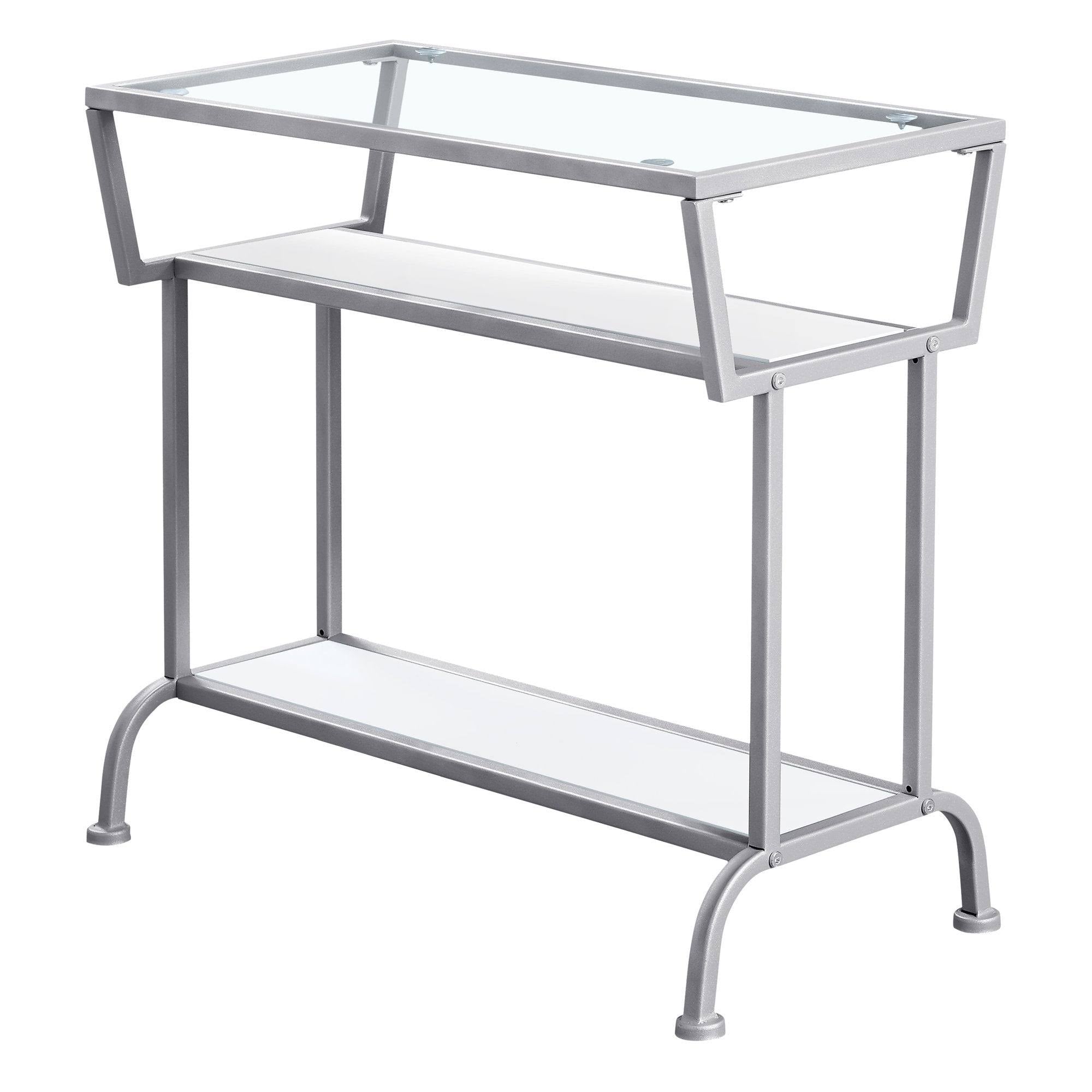 White Silver Metal Accent Table with Tempered Glass P174207