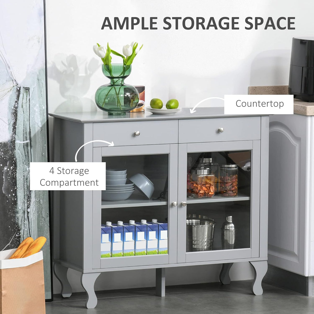 Retro Kitchen Sideboard Storage Cabinet with Glass Doors and Drawers H384