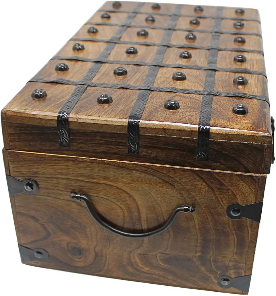 Treasure Chest Wooden Box with Antique Iron Lock and Skeleton Key W375