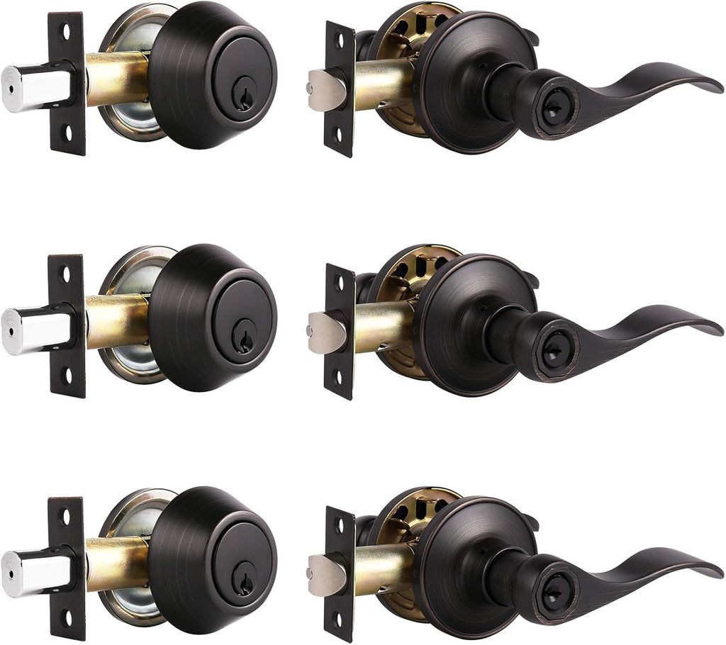 Satin Nickel Entry Lever and Double Cylinder Deadbolt Combo Pack W5824