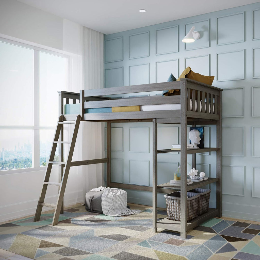 White Solid Wood Twin-Size High Loft Bed with Bookcase and Desk R893