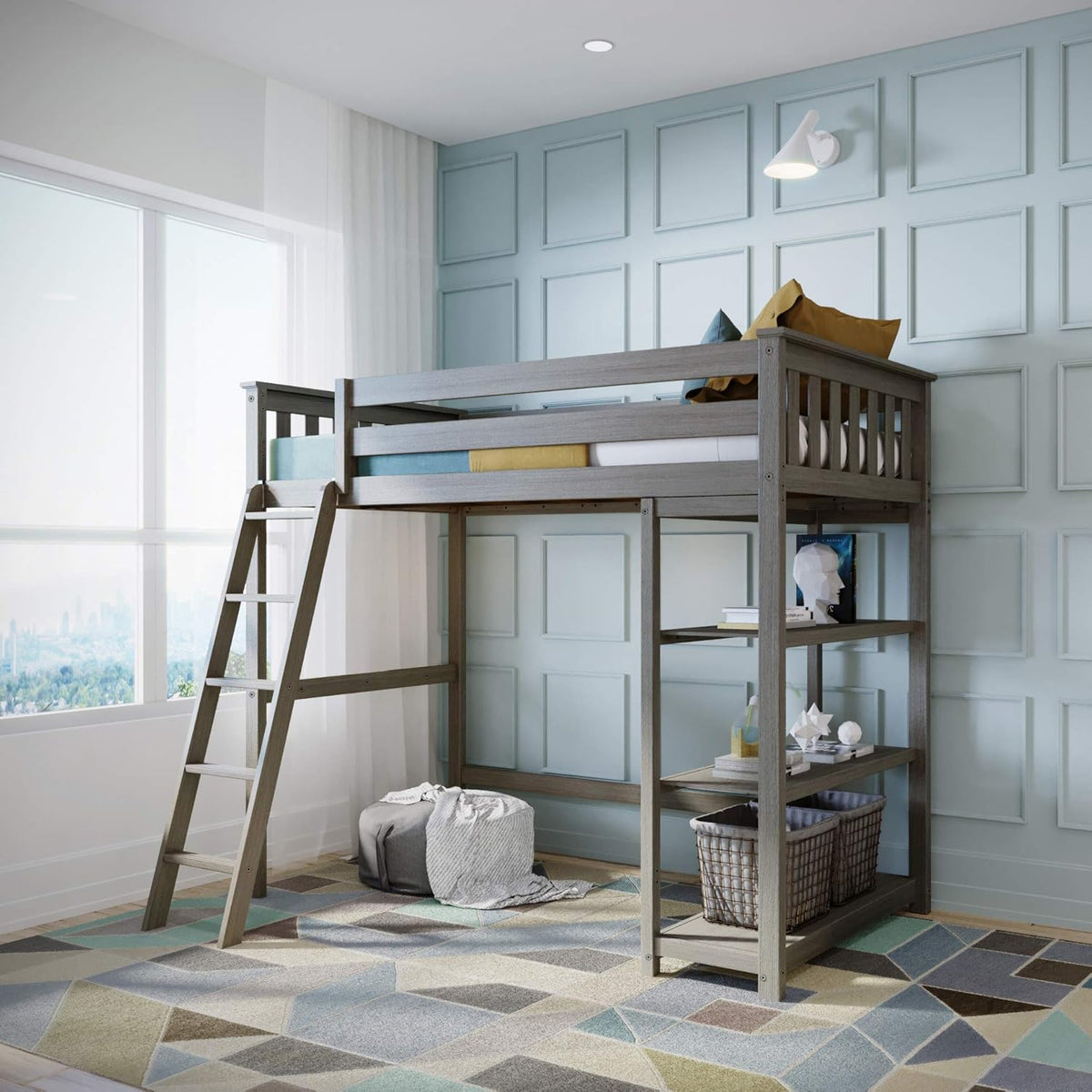 White Solid Wood Twin-Size High Loft Bed with Bookcase and Desk R893