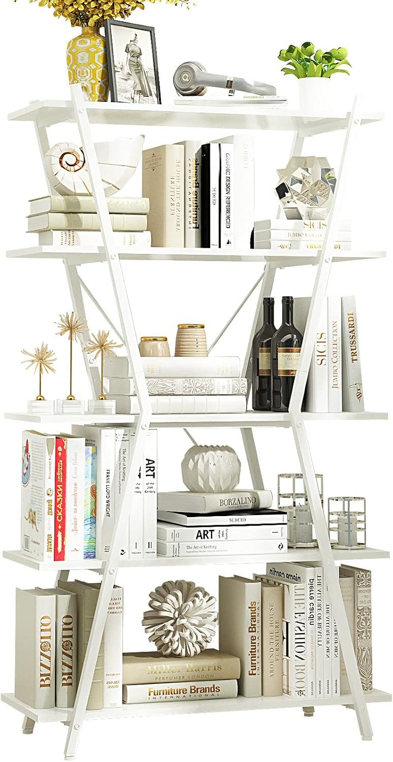 Walnut/Black 5 Tier Rustic Wood Etagere Bookcase with Metal Frame I770616