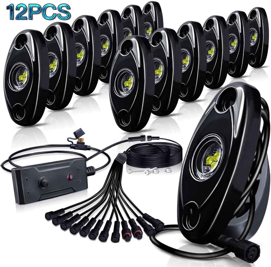 White 12Pods LED Rock Lights Kit with Switch Wire Harness H87187