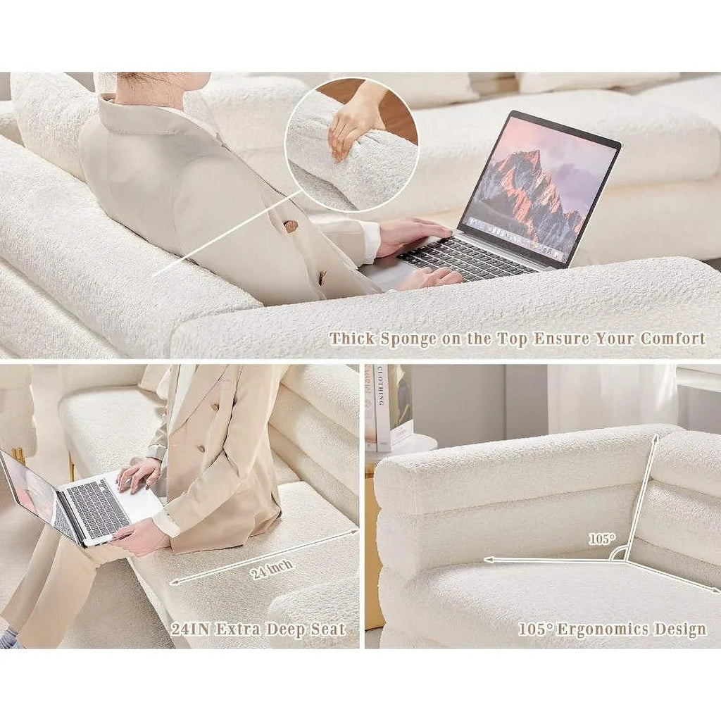 Oversized 85 Inch 3 Seater White Bouclé Sofa W7042