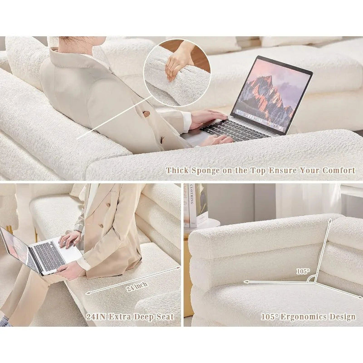 Oversized 85 Inch 3 Seater White Bouclé Sofa W7042