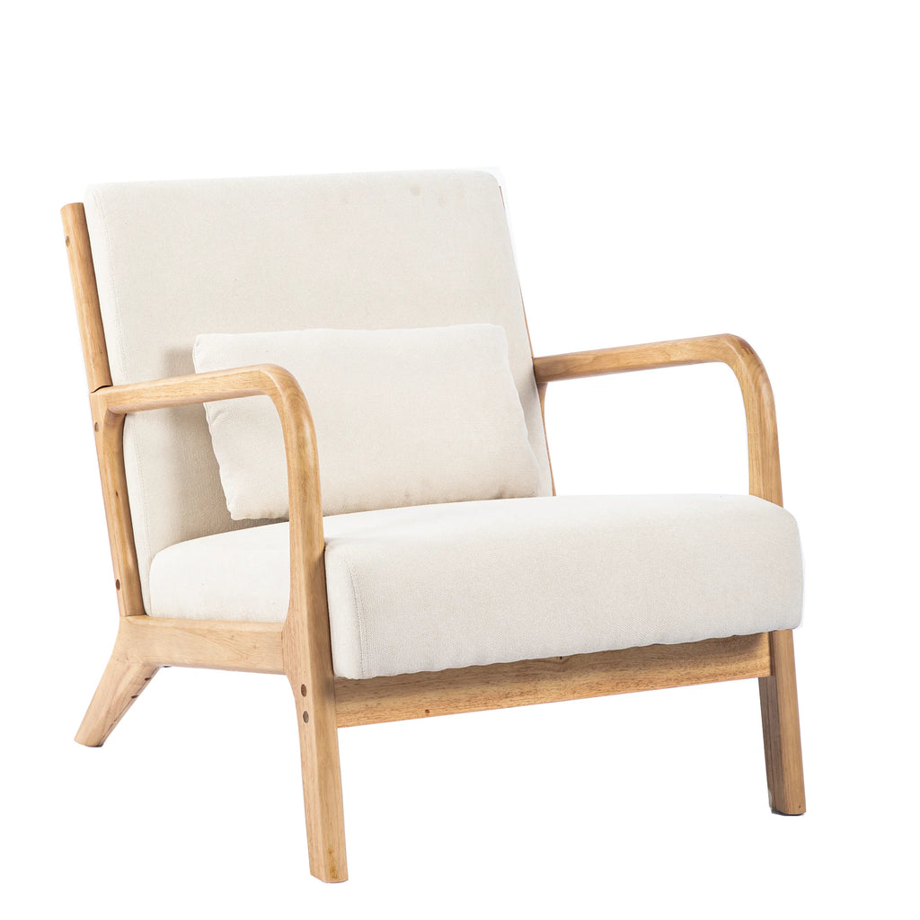 Beige Linen Upholstered Accent Armchair with Solid Wood Frame and Pillow F649861