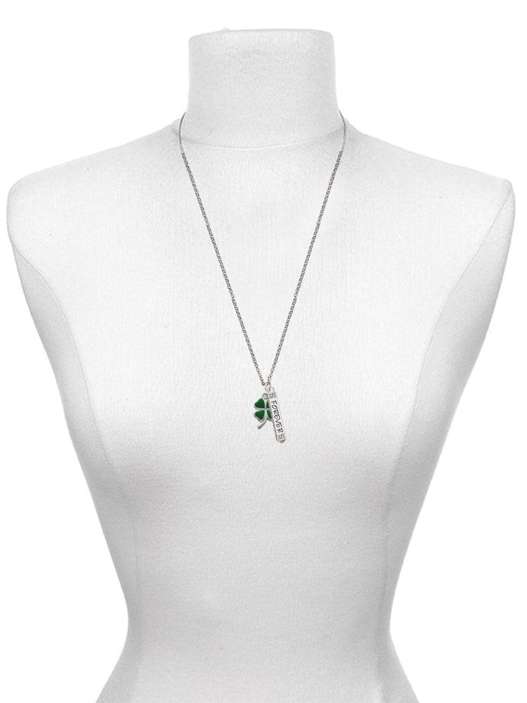 Silvertone Green Four Leaf Clover Bar Charm Necklace, 23" V67882