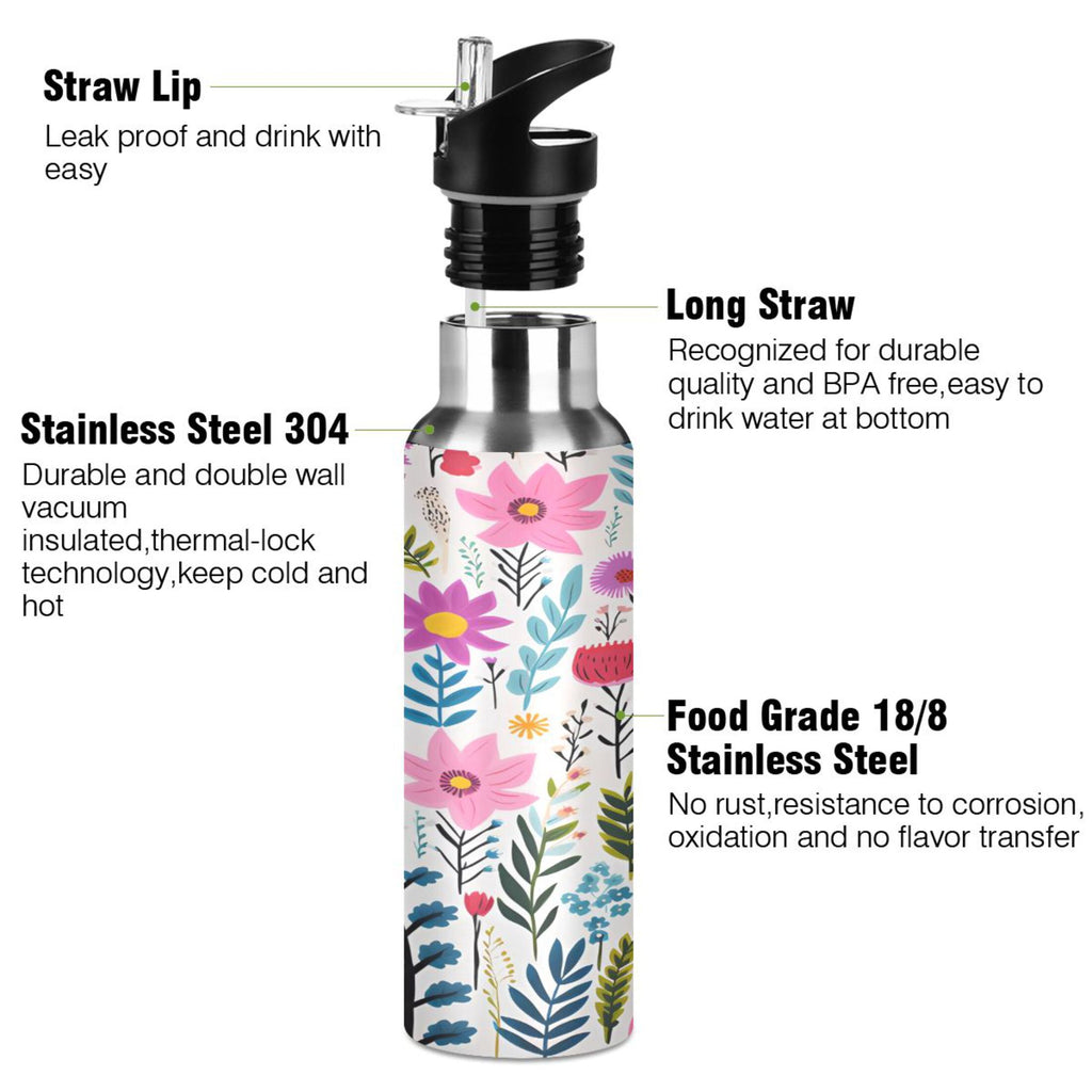 Pink Blue Flowers Stainless Steel Insulated Water Bottle with Straw Lid G1799