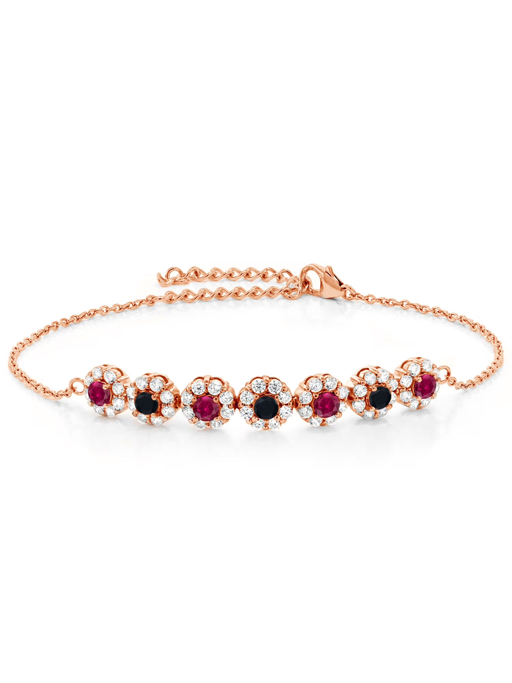 18K Rose Gold Plated Silver Red Created Ruby and Black Onyx Tennis Bracelet E4768