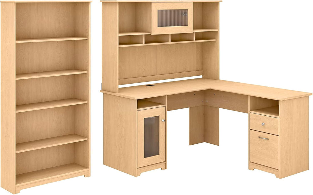 L Shaped Desk with Hutch and 5 Shelf Bookcase N43605