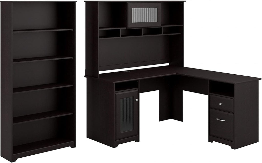 L Shaped Desk with Hutch and 5 Shelf Bookcase N43605