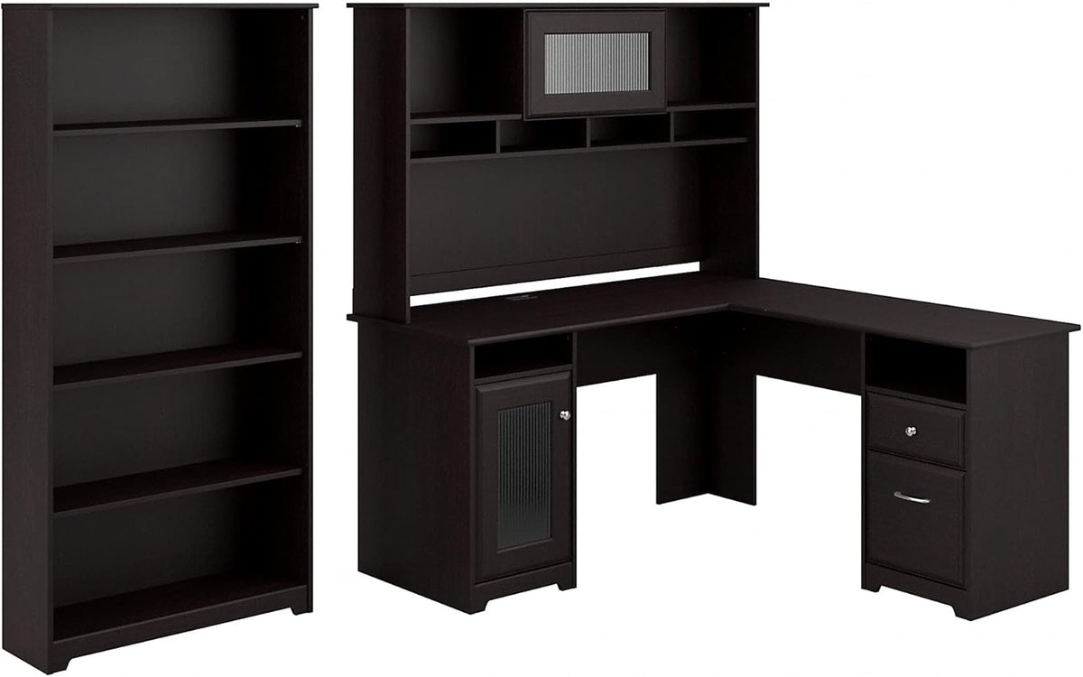 L Shaped Desk with Hutch and 5 Shelf Bookcase N43605