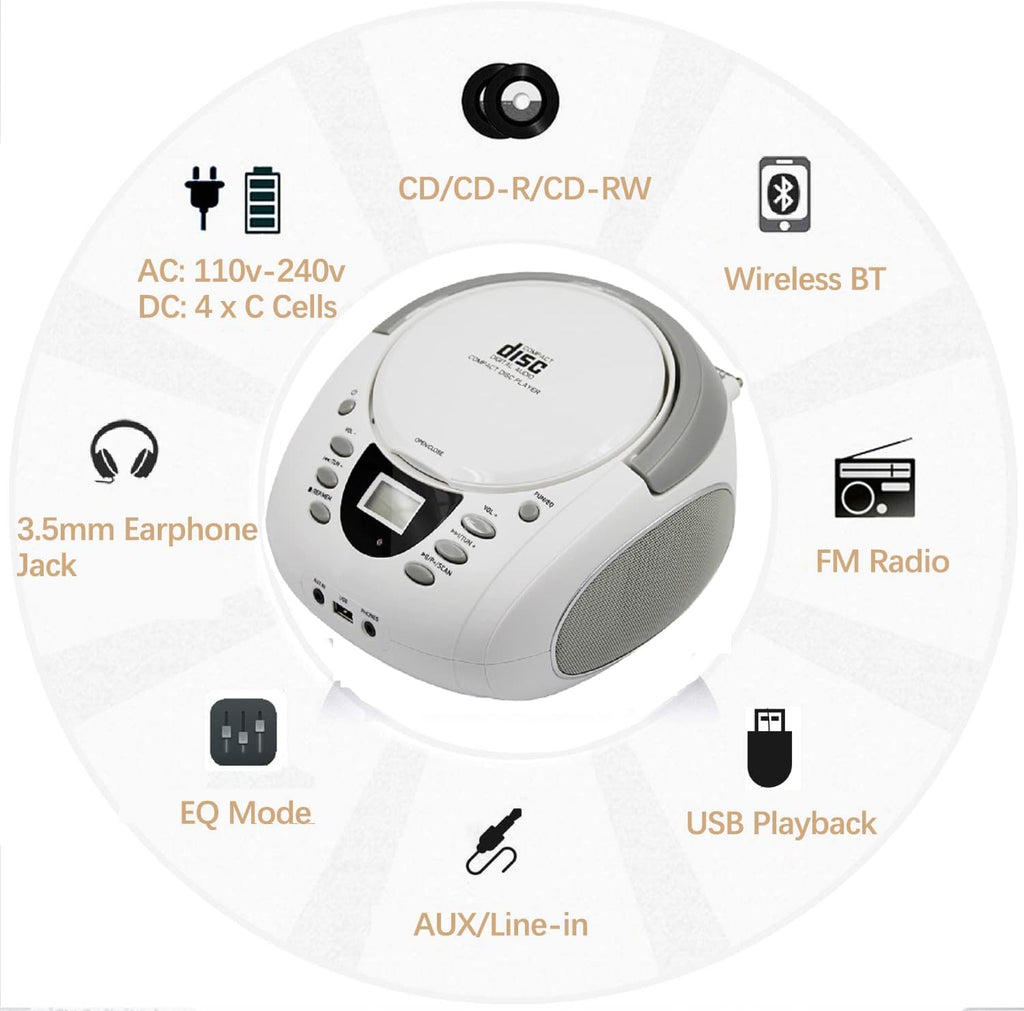 Black Pack of 2 Portable CD Player Boombox with FM Radio, Bluetooth, Stereo Sound Speaker J7522
