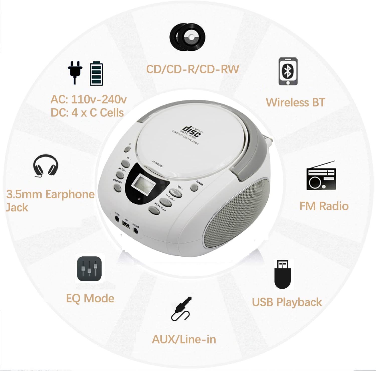 Black Pack of 2 Portable CD Player Boombox with FM Radio, Bluetooth, Stereo Sound Speaker J7522