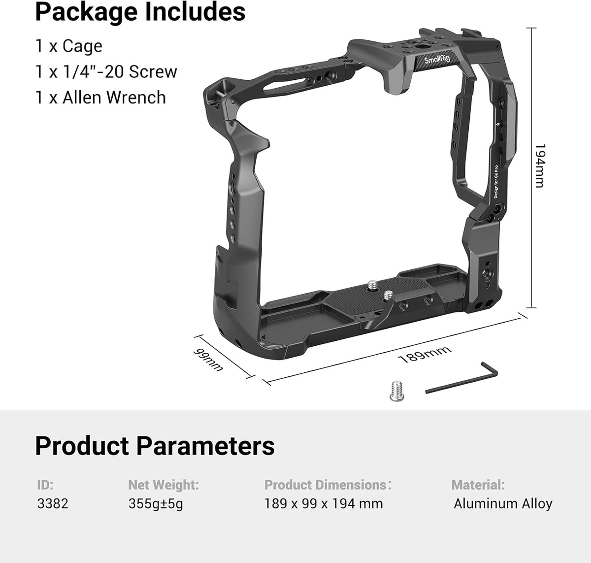 Battery Grip Cage Only for BMPCC 6K Pro with NATO Rail and Cold Shoe Mount X96157
