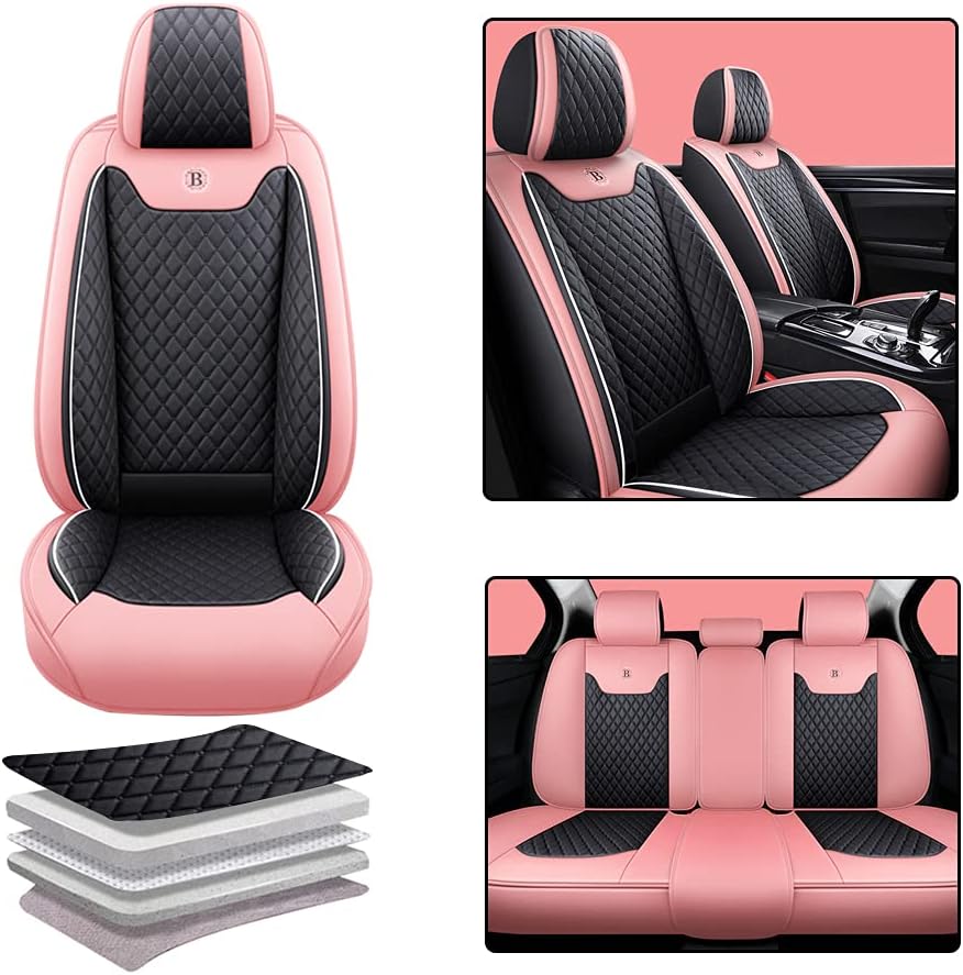 Pink-Black PU Leather Car Seat Covers Full Set 5 Seat A23132