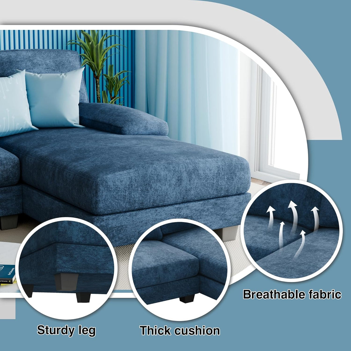 Blue Modular Convertible Sectional Sofa Couch with Double Chaise X623802