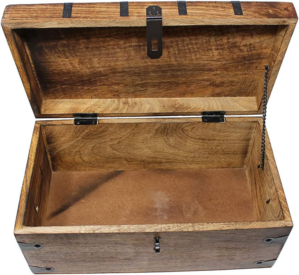 Treasure Chest Wooden Box with Antique Iron Lock and Skeleton Key W375