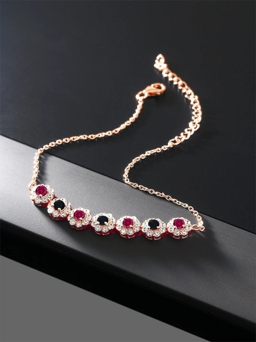 18K Rose Gold Plated Silver Red Created Ruby and Black Onyx Tennis Bracelet E4768
