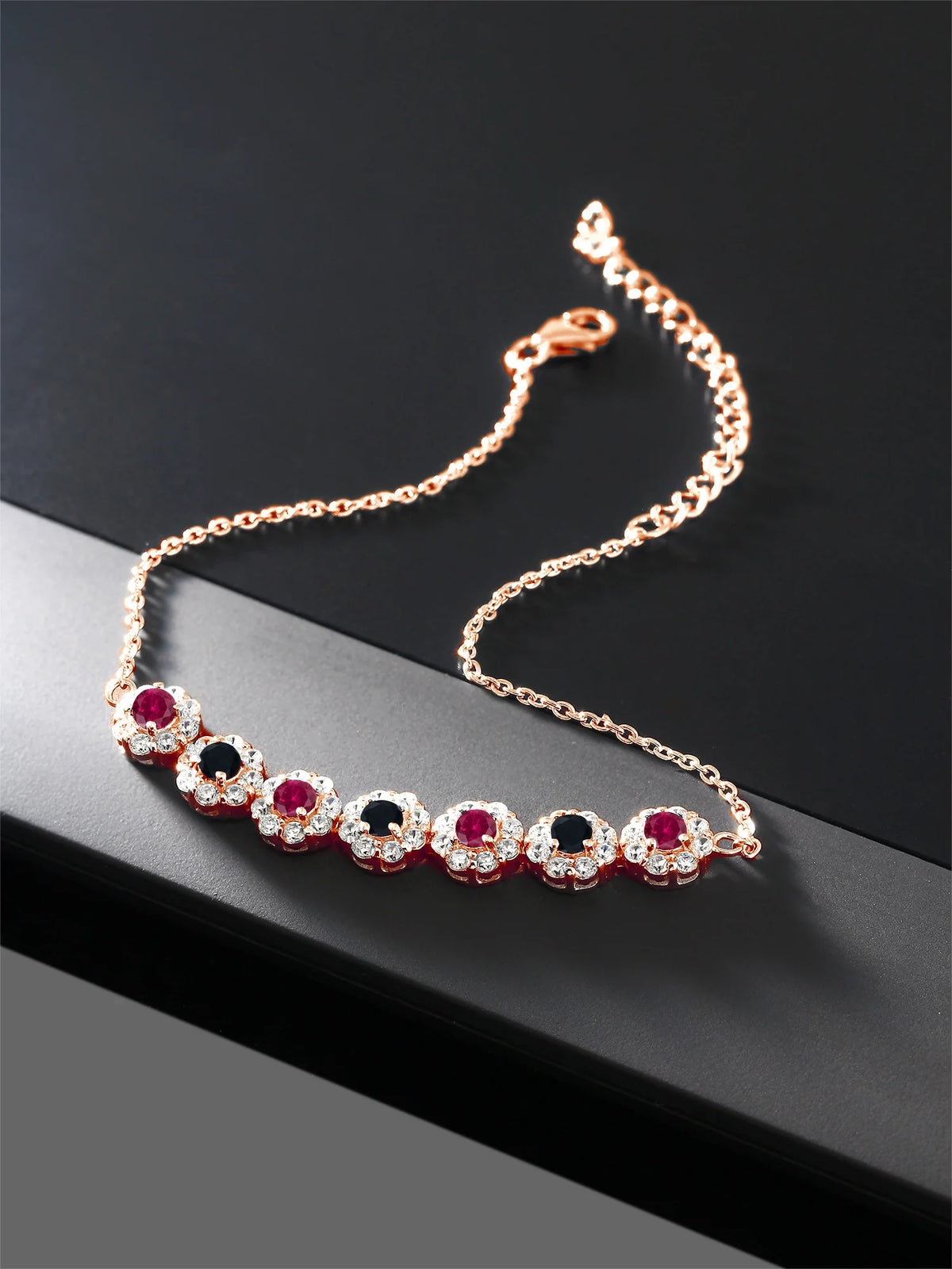 18K Rose Gold Plated Silver Red Created Ruby and Black Onyx Tennis Bracelet E4768
