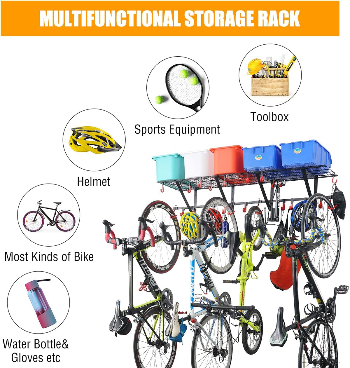 Garage Wall Shelving with Vertical Bike Hanger, Powder Coated Steel S16798