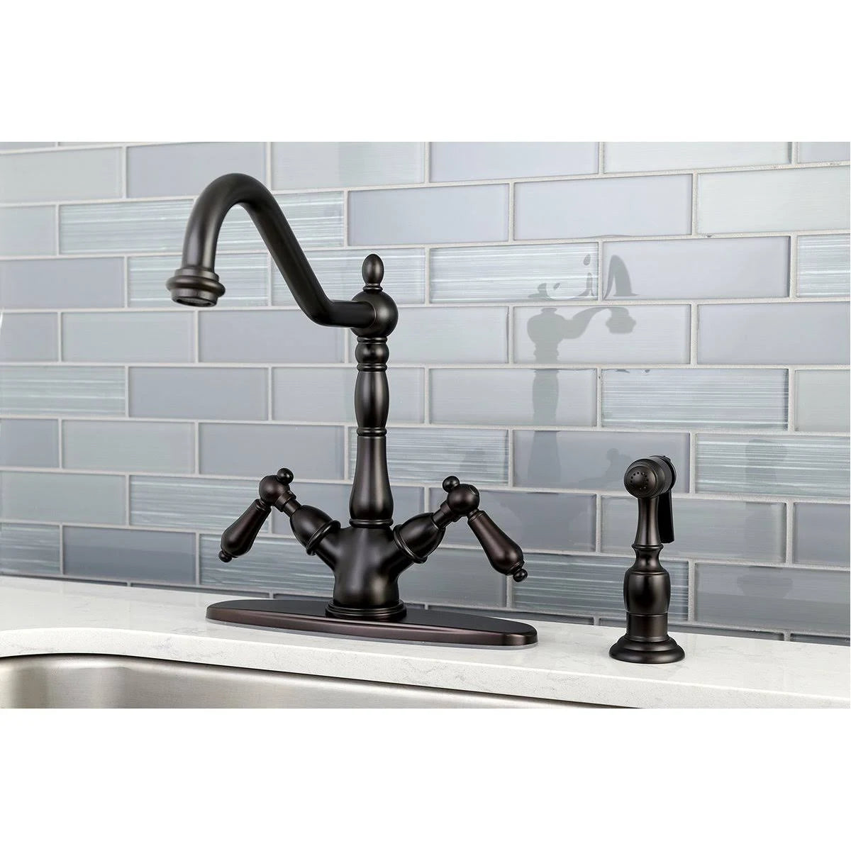 Polished Chrome Double Handle Kitchen Faucet with Side Sprayer N5237