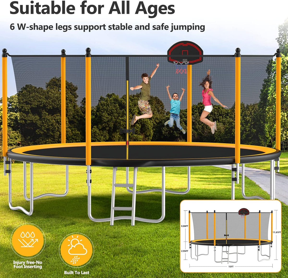 Orange 15FT Trampoline with Enclosure Net and Basketball Hoop V400064