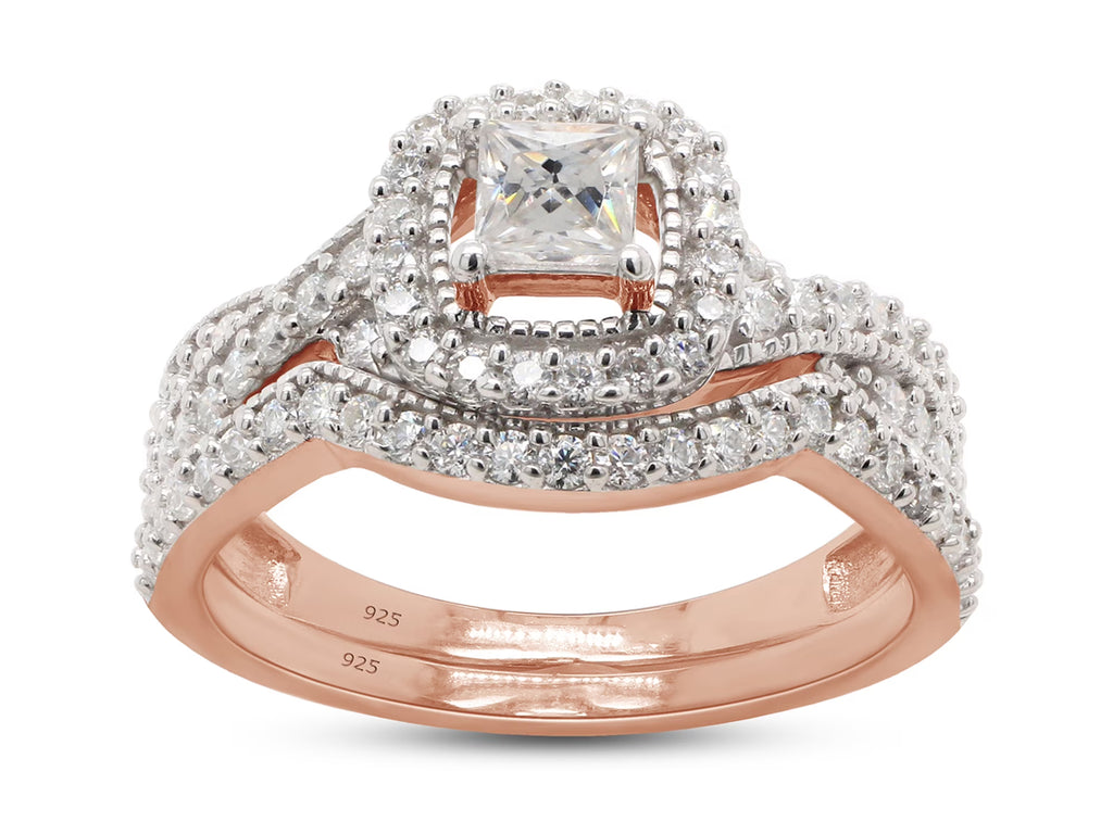 14K Rose Gold Over Sterling Silver Moissanite Halo Engagement Ring W1187