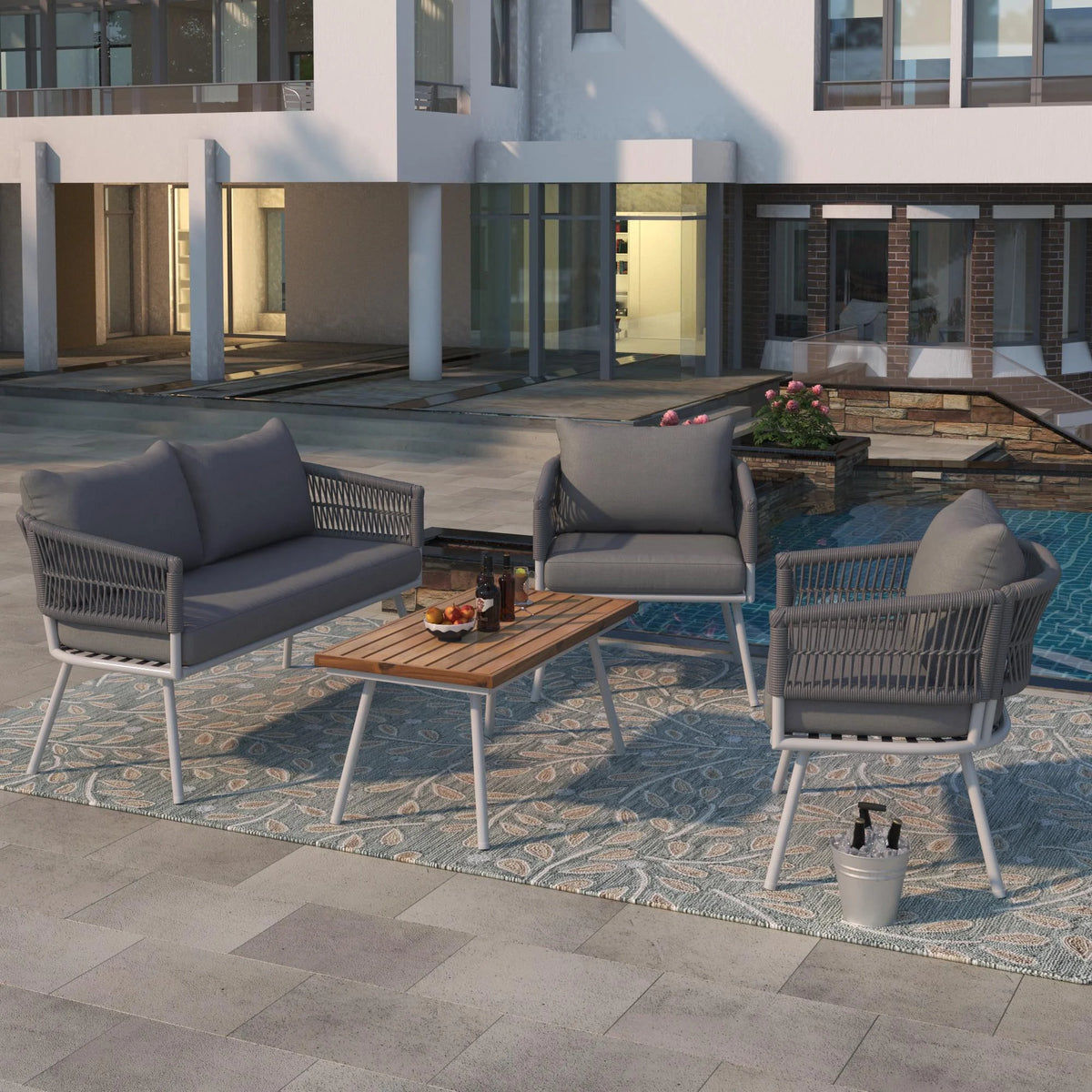 4 Piece Patio Conversation Set with Acacia Wood Table, Gray W588194