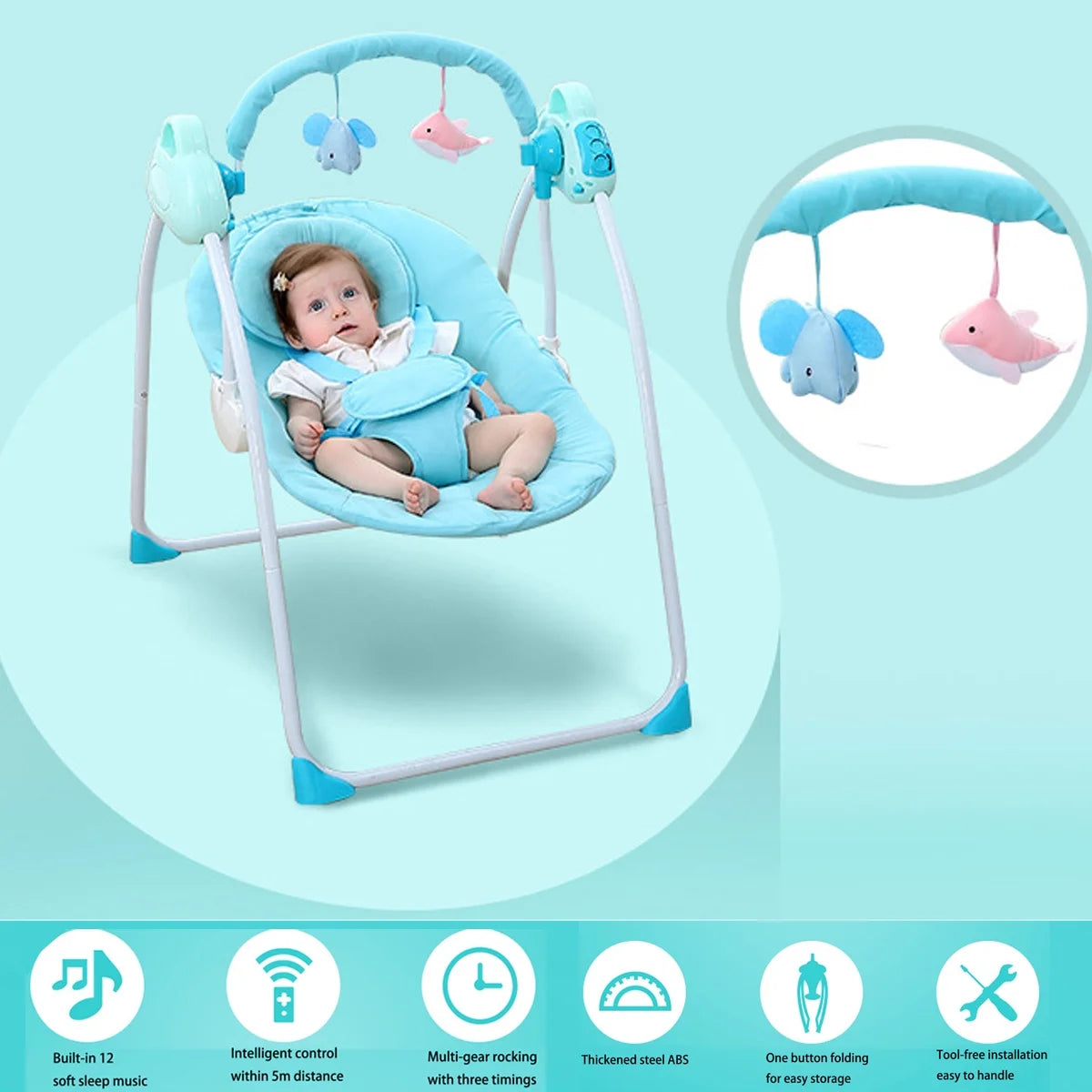 Blue Electric Baby Bouncer Swing Seat with Bluetooth Music and Remote Control R708