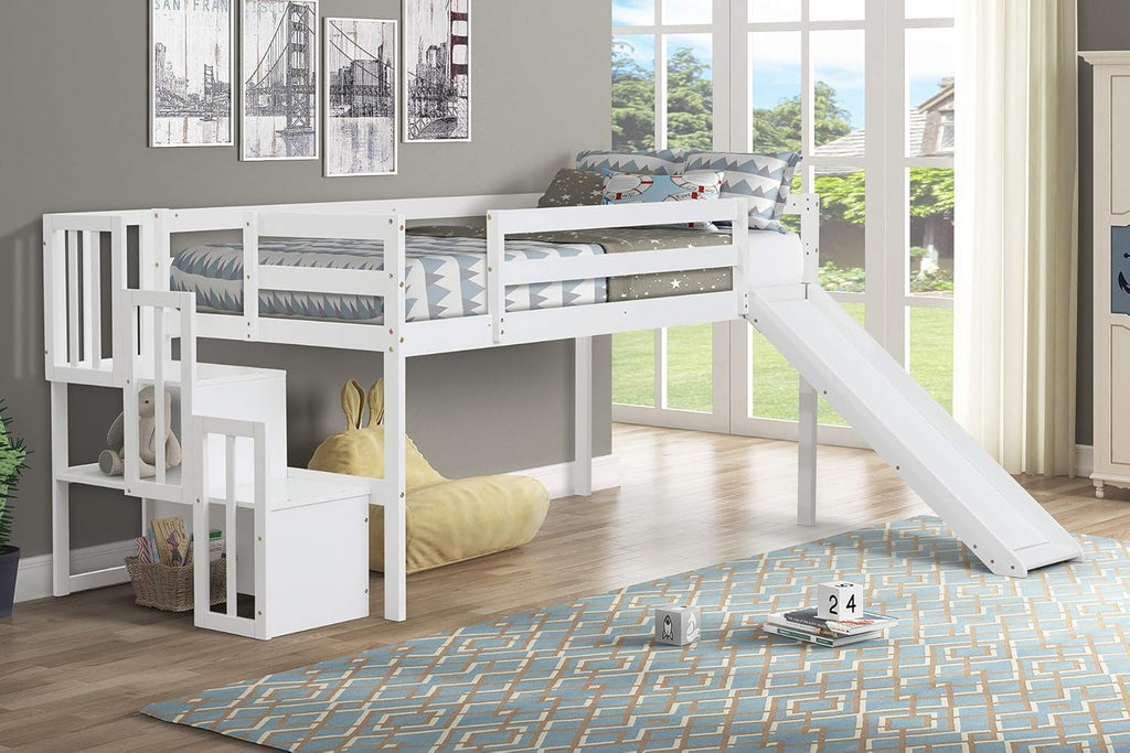 Solid Wood Loft Bed with Slide, Stair Case, Storage Shelf (Grey) B68333