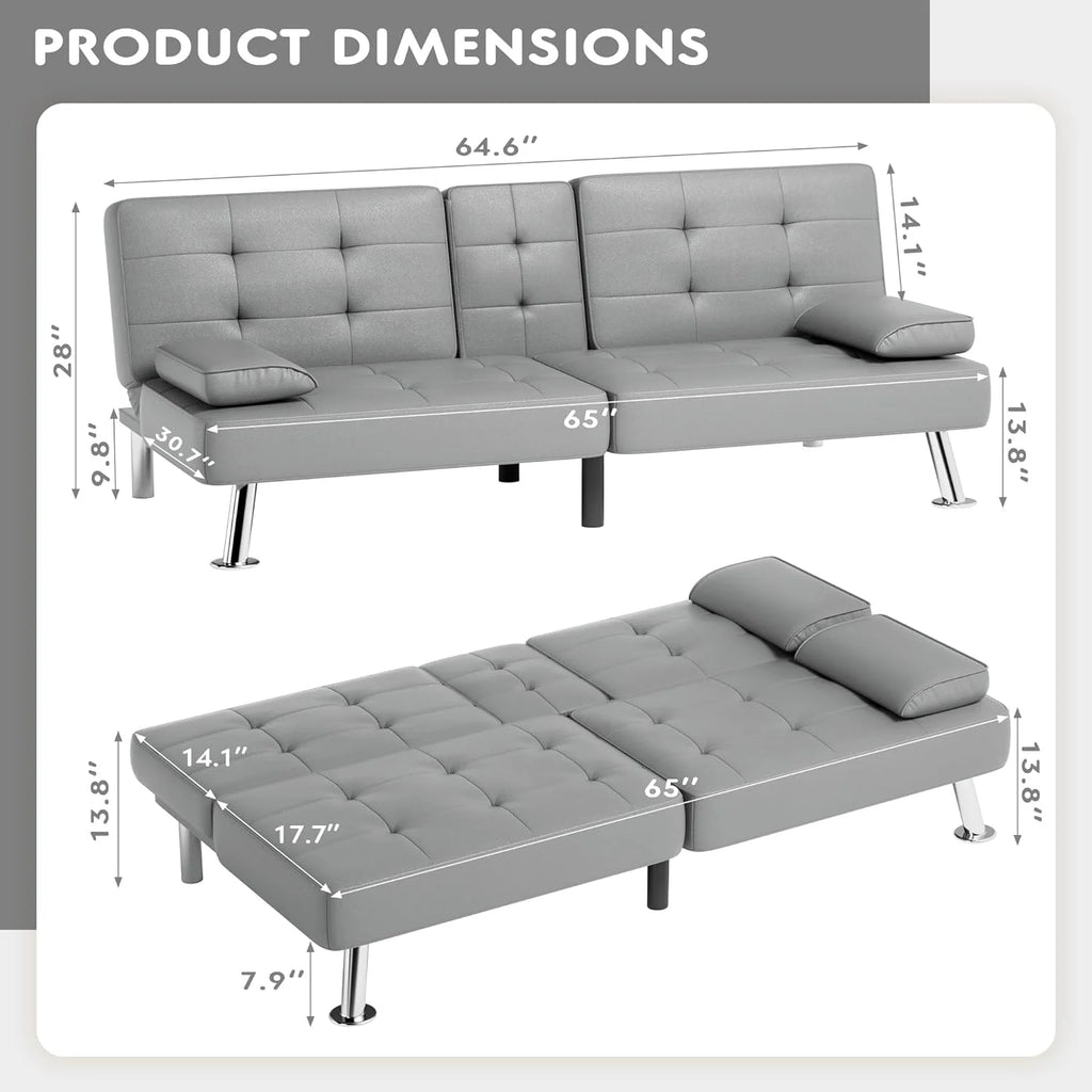 Faux Leather Convertible Folding Futon Sofa Bed with Removable Armrests and 2 Cup Holders V225213