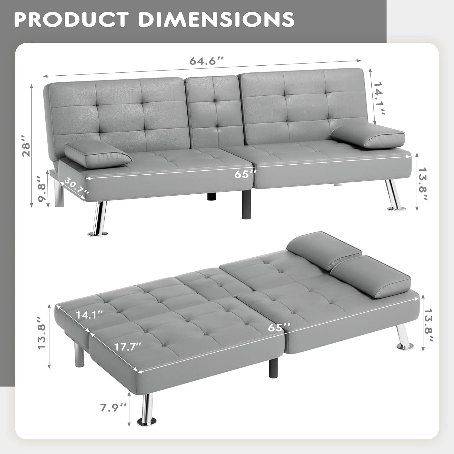 Faux Leather Convertible Folding Futon Sofa Bed with Removable Armrests and 2 Cup Holders V225213