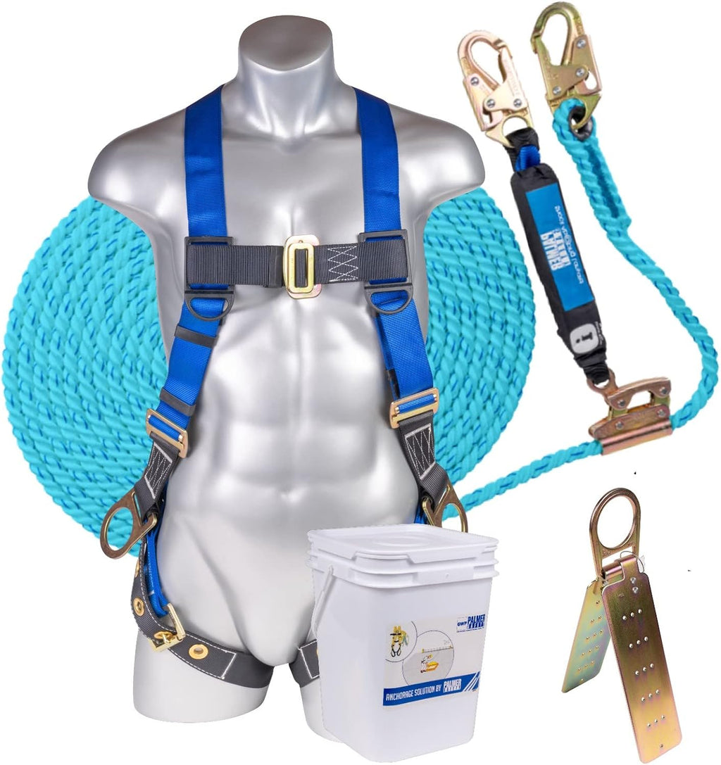 Roofing Bucket Kit with Full-Body Harness, 50' Vertical Rope & Anchor Set Y96677