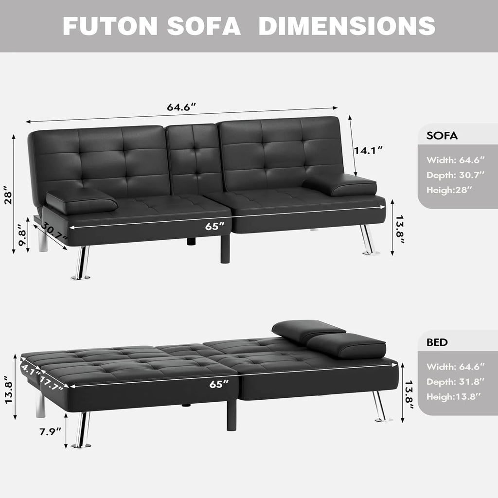 Faux Leather Convertible Folding Futon Sofa Bed with Removable Armrests and 2 Cup Holders V225213