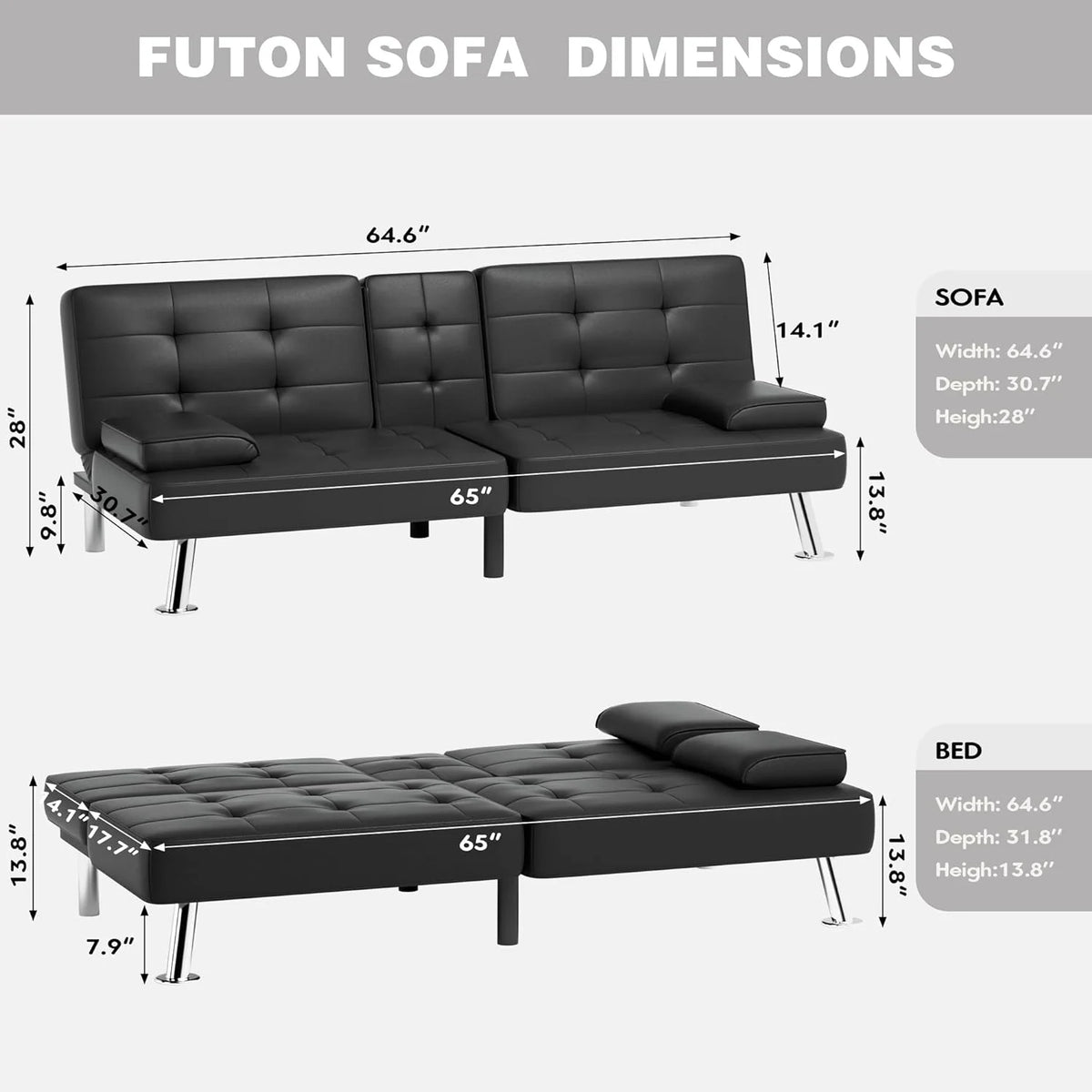Faux Leather Convertible Folding Futon Sofa Bed with Removable Armrests and 2 Cup Holders V225213