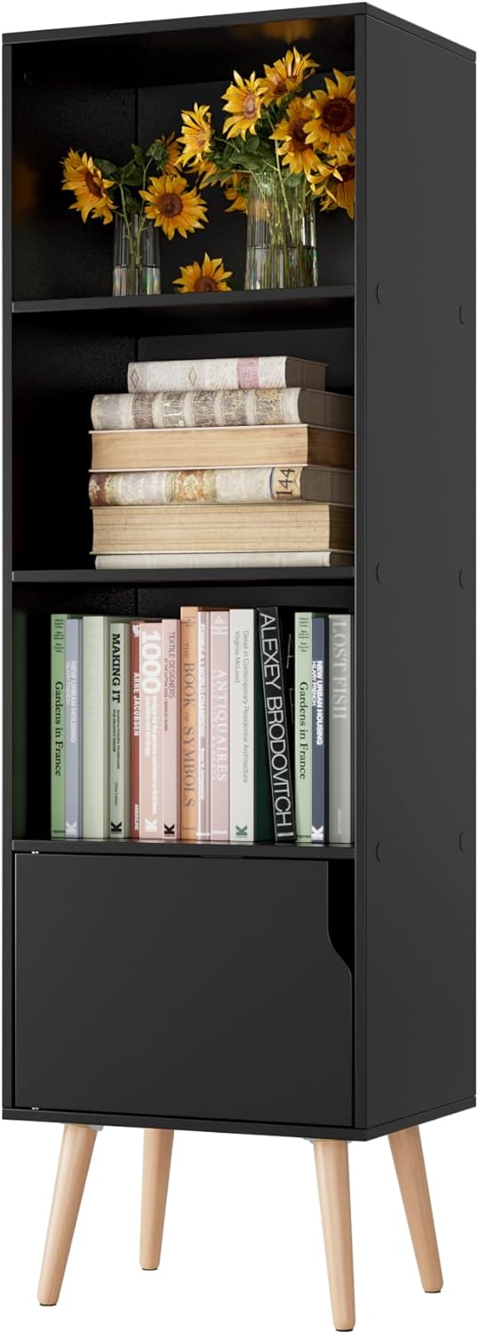 4 Tier Wooden Display Bookshelf, Bathroom Floor Cabinet with 4 Legs, Freestanding Side Corner Storage Cabinet Decor Furniture for Home Office, White/Dark Oak S59454