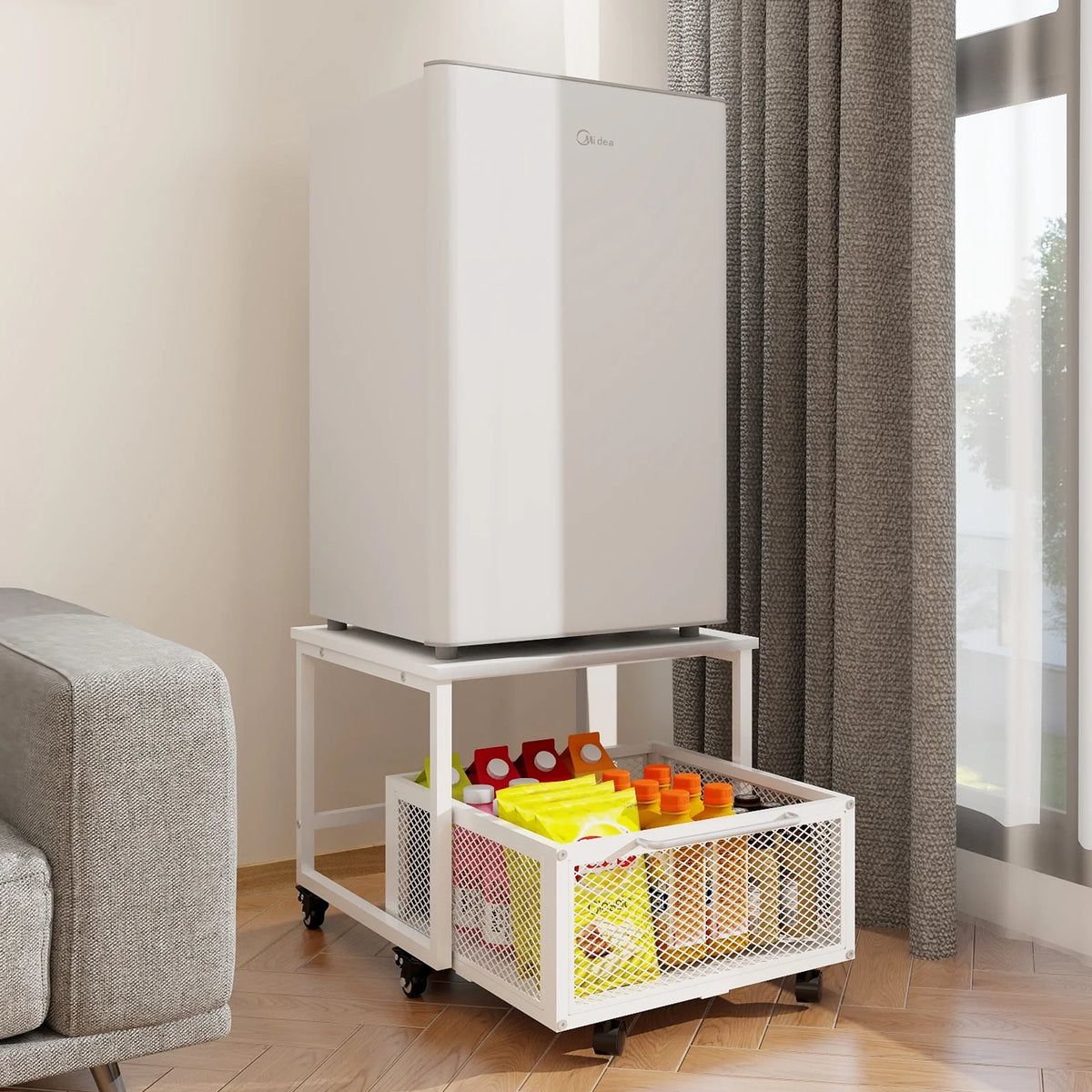 Mobile Mini Fridge Stand with 4 Lockable Wheels Rolling Fridge Cart I5428