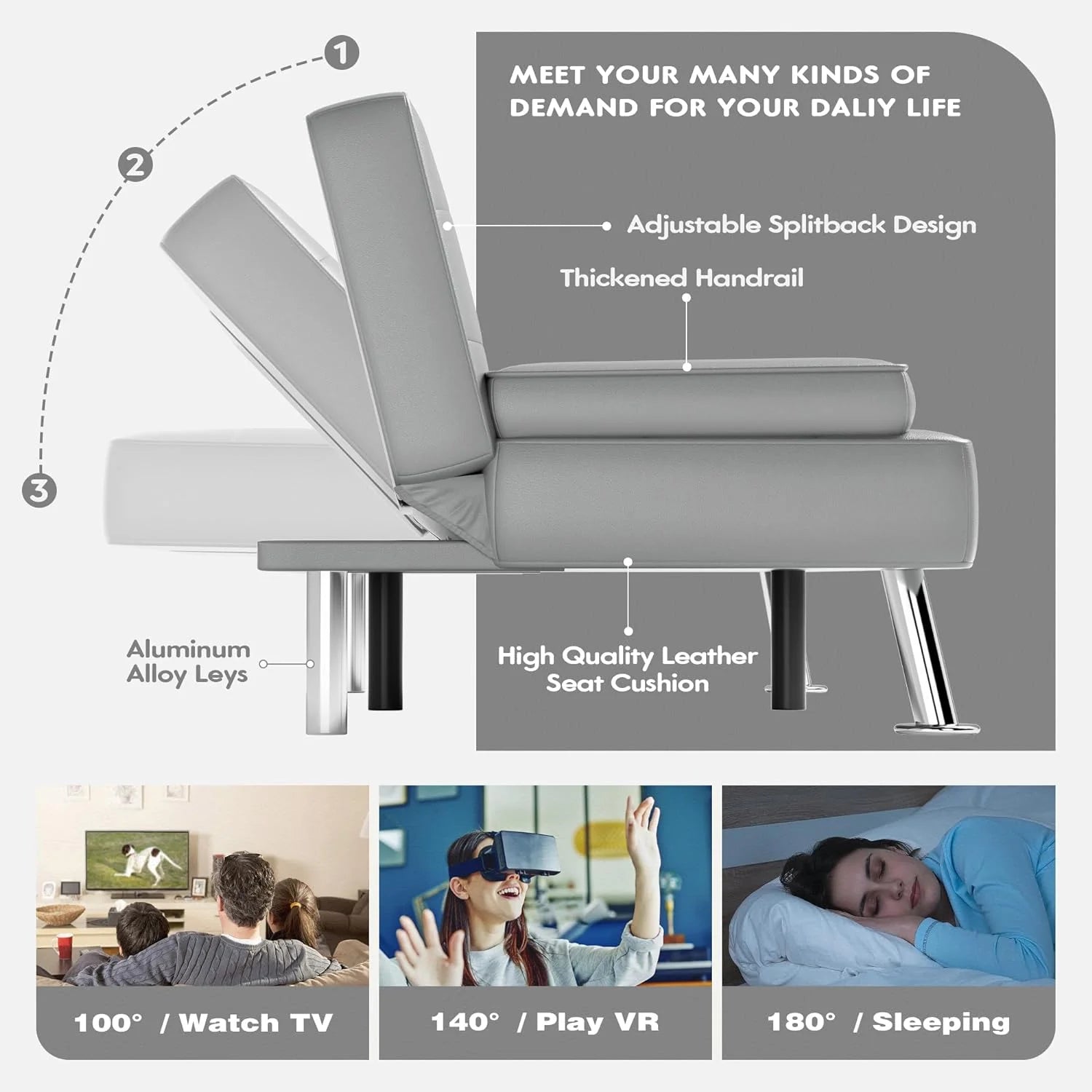 Faux Leather Convertible Folding Futon Sofa Bed with Removable Armrests and 2 Cup Holders V225213