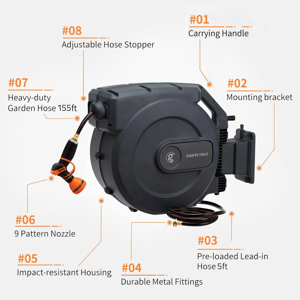 Retractable Wall Mounted Garden Hose Reel 1/2" x 155+5 ft O2562