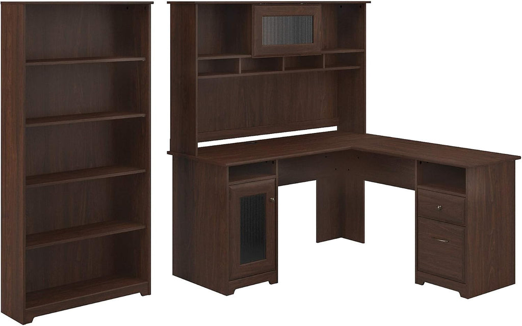 L Shaped Desk with Hutch and 5 Shelf Bookcase N43605